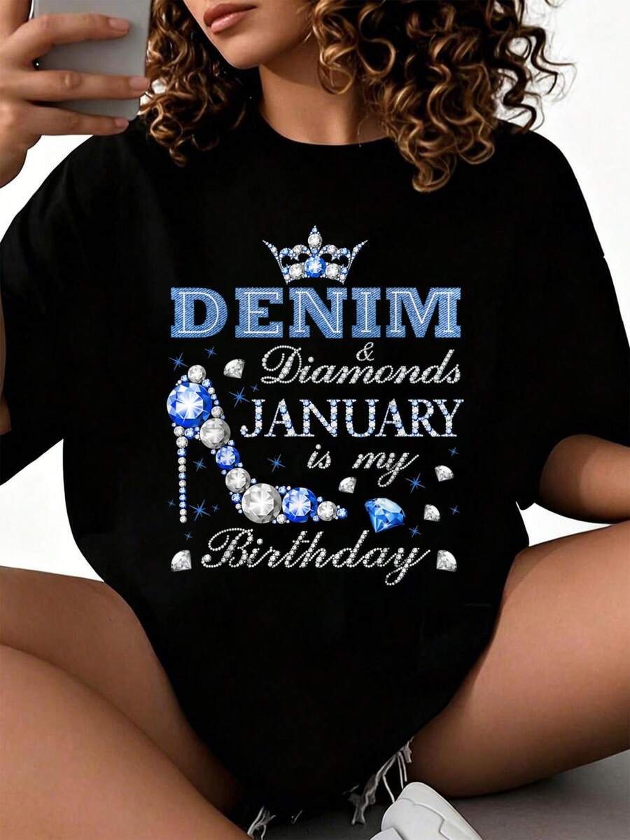 Fabulosa camiseta de tacones altos de reina de cumpleaños de enero de y diamantes 2026, nuevas camisetas impresas para mujeres, estilos populares, camisetas de primavera para mujeres, camisetas de invierno, camisetas de para mujeresás vendidas - Negro - Ver 1