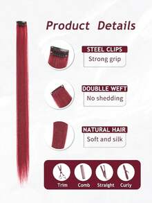 5 PCS Red Colored Clip In Hair Extensions 20 Inch Long Straight Hairpieces Clip In Synthetic, Halloween Cosplay Dress Up Fashion Party Christmas New Year Gift For Women Christmas New Year Carnival Music Festival Use(RED) - 酒紅色 - 查看 4