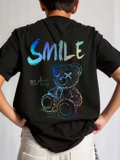 Teen Boys' Fashionable Colorful Bear Graphic Print Casual Round Neck Short Sleeve T-Shirt, Suitable For Youths, Street, Outdoor, Campus, Daily Wear
