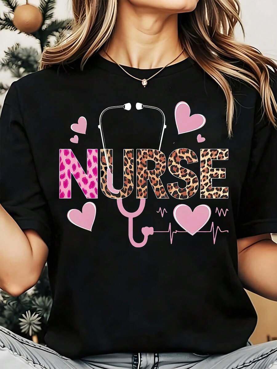 Nurse Leopard Print Heart Stethoscope Design Women's T-Shirt With Pink Hearts And Medical Theme For Healthcare Workers - Black - View 1