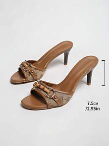 Women's Mid Heel Peep Toe Buckle Strap Sandals, High Heels - Brown - View 7