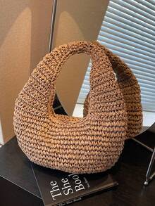 1pc New Vacation Bag, Holiday Straw Bag, Solid Color Crescent Moon Shaped Shoulder Bag, Summer Beach Bag, Woven Underarm Bag, Crescent Bag, Handbag, Valentine's Day Gift, Beach Bag, Women Bag - Khaki - View 2
