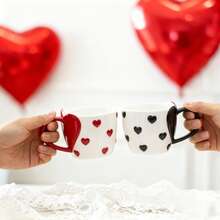 Hand-Painted Embossed Heart-Shaped Ceramic Mug Set, Cute Coffee Cup Pair, Couple Theme Drinkware, Couple Gift - Multicolor - View 1