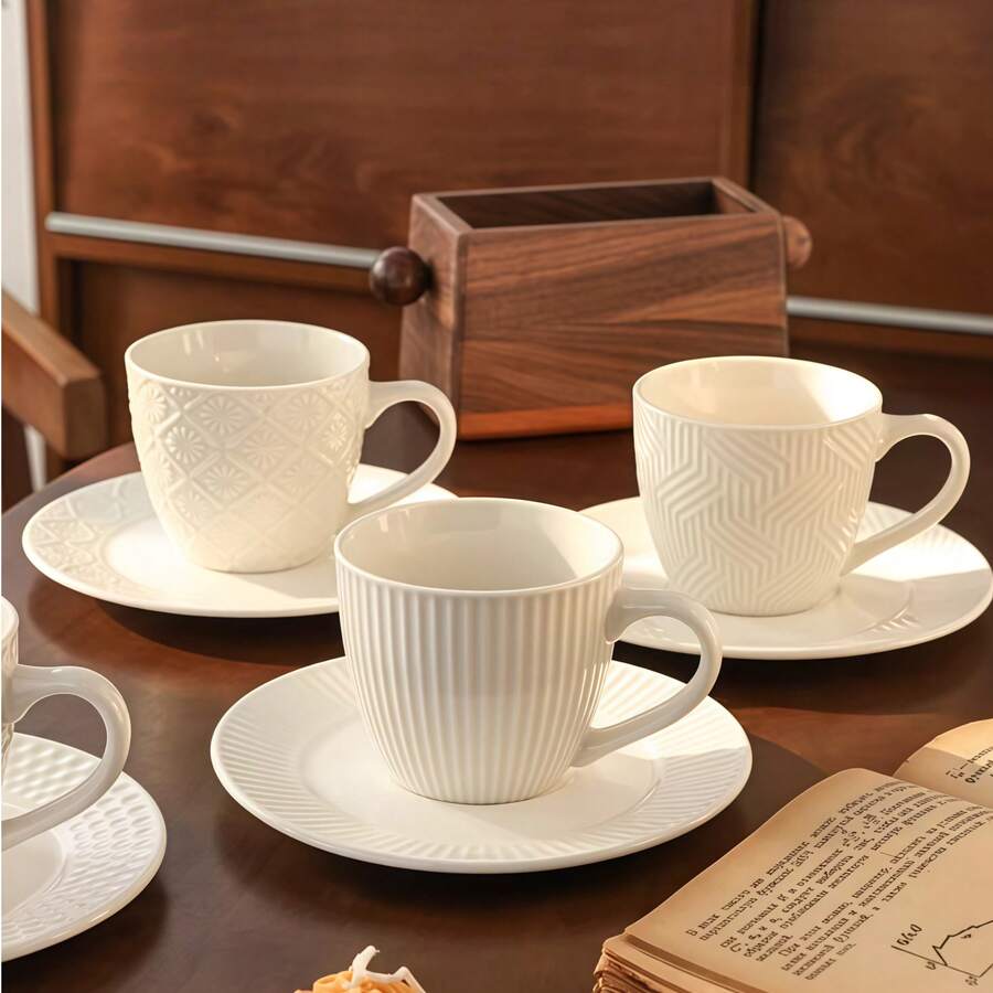 歐式咖啡杯碟套組,復古陶瓷浮雕杯組,下午茶餐具與茶杯禮盒,極簡純白陶瓷浮雕咖啡杯,下午茶餐具,完整套裝儀式感咖啡杯 - 白色 - 查看 1