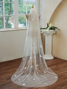 1pc Ivory Small Chapel Pearl & Butterfly Bridal Veil - Beige - View 1
