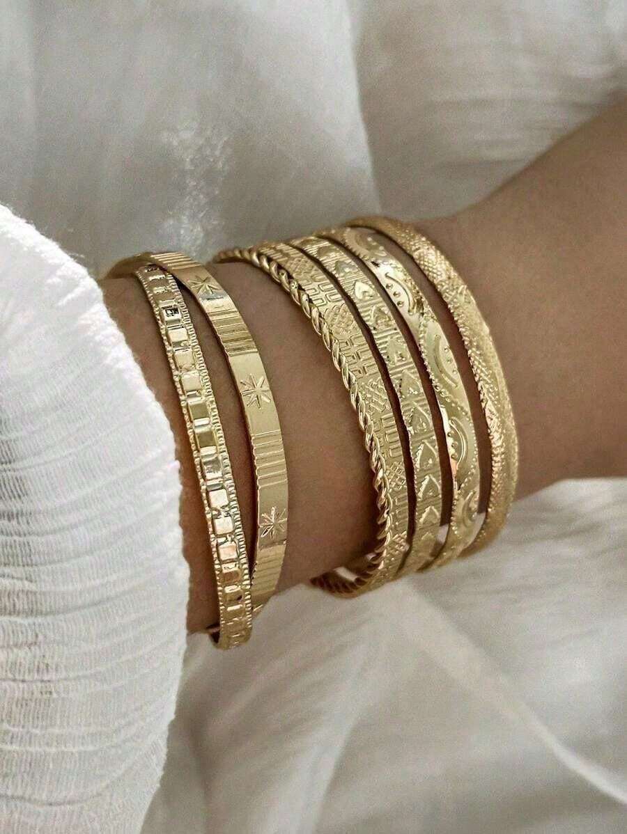 Conjunto de brazaletes con diseño de martillo, flecha, floral, hexagrama exagerado, pulseras abiertas retorcidas, regalos de joyería - Dorado - Ver 1