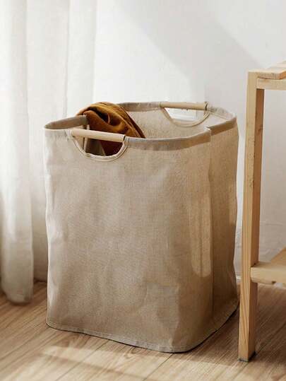 1个极简主义可折叠木柄洗衣篮，大容量娃娃收纳箱，适用于家居整理，轻便可折叠设计，耐用天然木框架，节省空间，适用于卧室、衣橱、洗衣房，优雅中性色调，用途广泛，可收纳娃娃、玩具、衣物和家居用品。