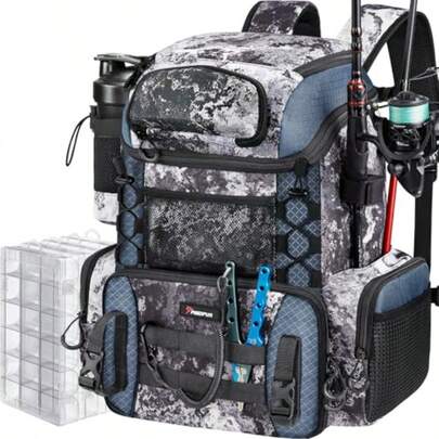 Piscifun - Mochila para aparejos de pesca con soportes para caña y 4 cajas para aparejos bolsa de pesca al aire última intervensión con cubierta impermeable para la lluvia