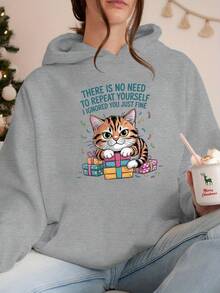 Women's Plus Size Sarcastic Cat Birthday Quote Hoodie - "No Need To Ruin Yourself" Graphic, Grey Geometric Pattern Pullover With Pockets, Cozy Fleece-Lined Hooded Sweatshirt For Autumn/Winter Casual Wear, Cat Clothes, Autumn Fashion, Playful Design, Durable Construction, Humor Enthusiasts - 灰色 - 查看 2