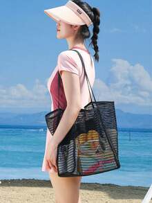 Große faltbare Mesh-Strandtasche, Damen Schultertasche, Mesh-Strandtasche mit Taschen zum Tragen von Bademode, Toilettenartikeln, Strandaccessoires - Verschiedenfarbig - Übersicht 2