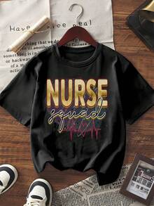 Women's Short Sleeve Nurse Squad Graphic Tee Vintage Style Casual T-Shirt With Heartbeat Print Crew Neck Loose Fit Top For Daily Wear - Black - View 1