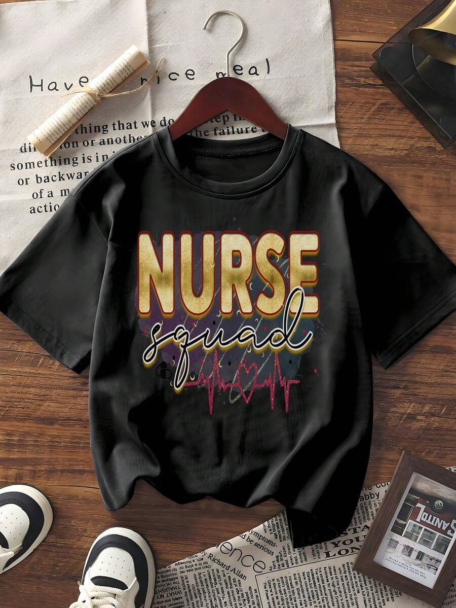 Women's Short Sleeve Nurse Squad Graphic Tee Vintage Style Casual T-Shirt With Heartbeat Print Crew Neck Loose Fit Top For Daily Wear - Black - View 1