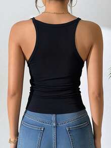 1pc Women Casual Comfortable Minimalist Camisole With Padded Bust, Slim Fit Ribbed Sleeveless Vest, Thin Backless Undershirt - Black - View 5