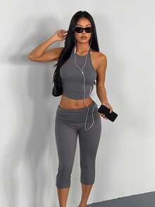 AITYI Studio 女士套装，修身休闲纯色吊带露背设计，时尚性感修身，适合户外、街头、通勤、居家、Y2K风格、海滩派对、度假、毕业典礼、返校、嘉年华、复活节、音乐节等场合，夏季吊带背心和七分针织两件套 - 灰色 - 查看 7