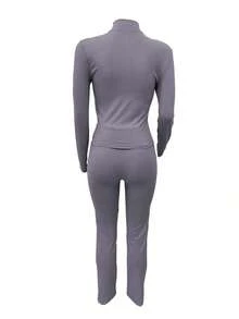 Autumn/Winter European And American Style Women's Fashion Zip-Up Cardigan, Fitted Top And Loose Wide-Leg Pants Set - Light Grey - View 9