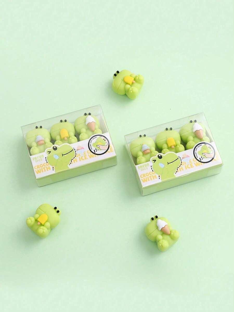 3pcs Dinosaur Erasers Set, Cute 3D Dinosaur & Ice Cream Shaped Erasers - Green - View 1