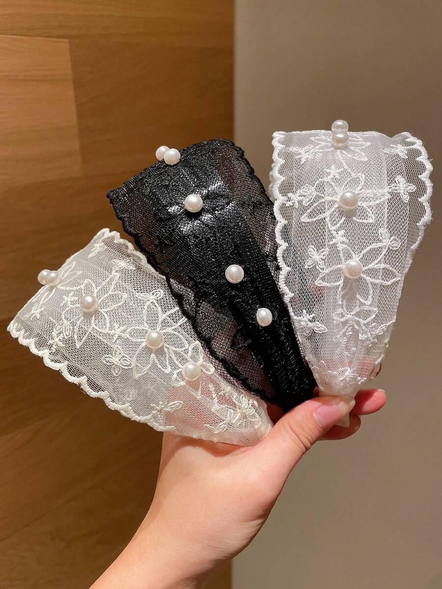 1件装女士时尚网纱花朵珍珠宽檐发箍，适合日常休闲佩戴、遮盖发际线、盘发及分叉发梢造型，是送给女友的百搭礼物，也适合季节性佩戴、节日及返校季，是一款发带、发箍等家居美发饰品。