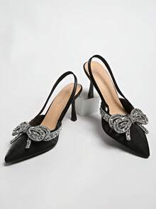 Sapatos de salto alto para casamento com laço de strass para mulheres - Preto - Ver 7