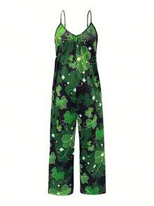 St. Patrick's Day Women's Jumpsuit - Shamrock Print Wide-Leg Romper With Pockets, Adjustable Spaghetti Straps & Mid-Stretch Fabric, Machine Washable Casual Spring/Summer Outfit, Festive Attire, Summer Fashion, Comfortable Fit - phong cách - Xem 4