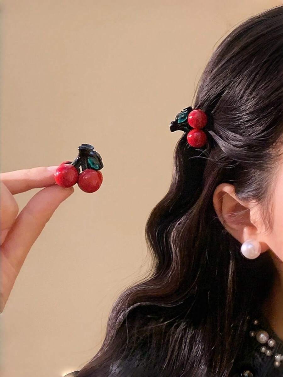 2pcs Women's Red Cherry Princess Hair Clips, New Bangs Top Clips, Versatile Mini Hair Claw, Suitable For Daily Use
