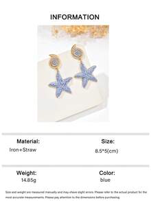 OOQ 1 Pair Handmade Bohemian Style Blue Raffia Grass Seashell & Starfish Tassel Earrings, Summer Beach Fashion Spiral Starfish Earrings, Suitable For Valentine's Day, Wedding Season, Mother's Day, Music Festival Celebration, Daily, Vacation, Party Wear (Handcrafted Raffia Grass Weaving, Shape And Direction Random) - Blue - View 6