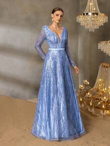 Faeriesty Vestido de noche de mujer con cuello en V profundo, decorado con lentejuelas, con mangas de malla transparente, vestido formal de línea A elegante, adecuado para cenas de gala, invitados de boda, eventos de alfombra roja, celebraciones y fiestas formales - Azul - Ver 6