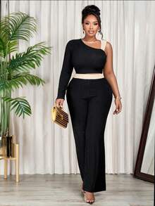 黑色大号单肩长袖针织上衣+阔腿裤两件套，适合女士春秋季气质穿搭，显瘦显瘦，撞色腰带设计，时尚百搭。 - 黑色 - 查看 4