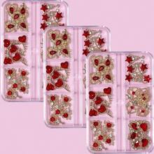 30件套3D美甲装饰品，适用于美甲，3D装饰套装，金色底钉，彩色红色爱心美甲水钻和水晶，适用于亚克力指甲，DIY美甲宝石，美甲用品