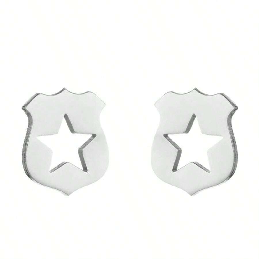 1 Pairs Shield Star Stud Earrings With A Hollowed-Out Five-Pointed Star Pattern, Suitable For Daily Wear Or To Pair With Casual And Street Style Clothing - GED437 - View 1
