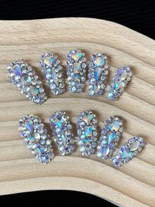 Uñas en forma de ataúd para el Día de San Valentín Y2K hechas a mano con puntas transparentes, rhinestones multicolor y diseños 3D brillantes de cobertura total - Uñas artificiales de glitter de cobertura completa DIY, uñas postizas para fiestas, exteriores, playa, diario, vacaciones, reuniones, trabajo y eventos especiales - 10 piezas/bolsa de suministros para uñas - Multicolor - Ver 5