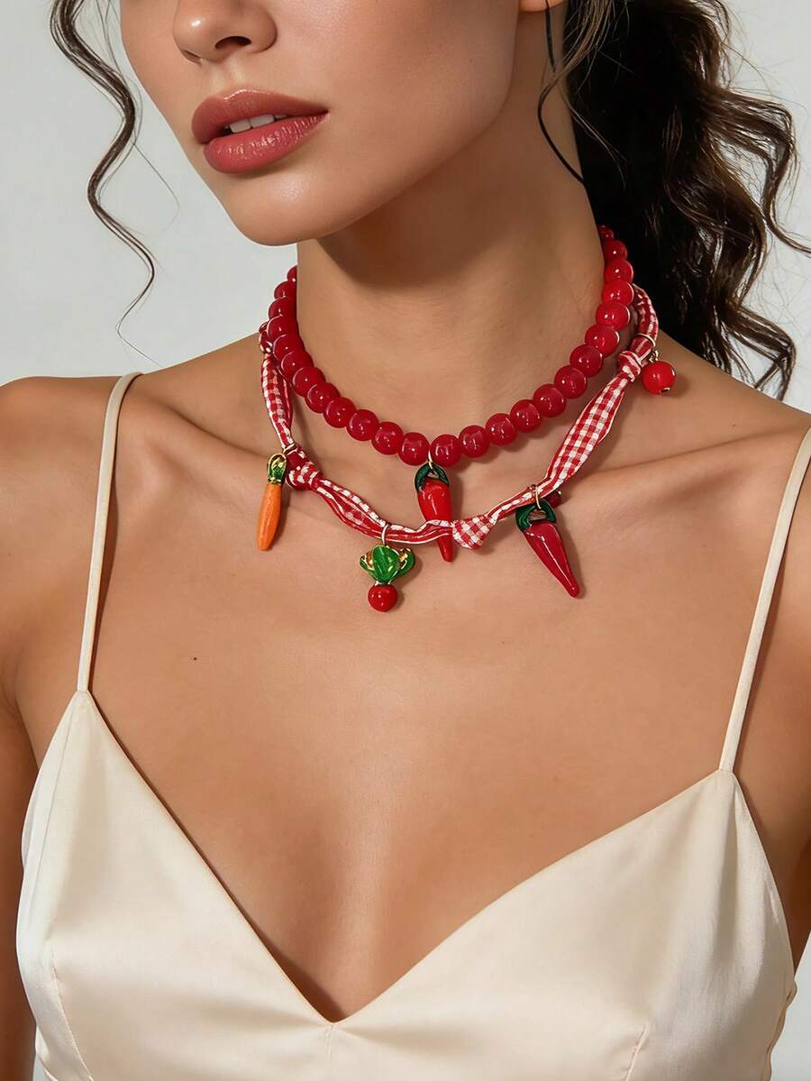 1pc Fashionable Alloy 3D Glass Fruit & Carrot Pendant Handmade Beaded Necklace - Standard Model B - View 1