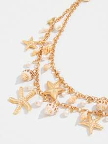 1件波西米亚风海洋元素海星贝壳仿珍珠吊坠多层腰链/身体链，时尚个性创意3D海星贝壳吊坠身体饰品，适合女性日常、度假、派对佩戴