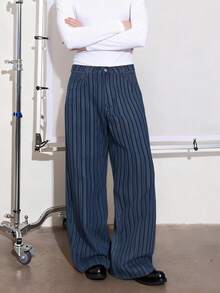 1Pc New Of Japanese Korean Style With Wavy Stripe Jacquard Fabric Baggy Wide-Leg Jeans ; American Retro Style Wide-Leg Pants In Wavy Stripe Jacquard Fabric. - Blue - View 5