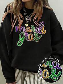 Áo sweatshirt nữ cổ tròn, vai rớt, in chữ và đính sequin, kiểu dáng thường ngày, thích hợp cho mùa thu. - màu đen - Xem 1