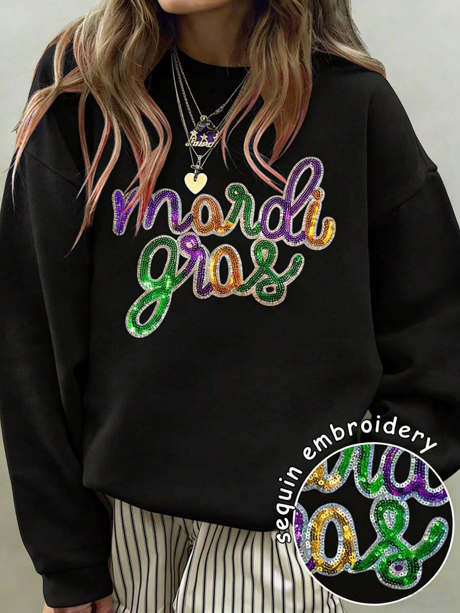 Áo sweatshirt nữ cổ tròn, vai rớt, in chữ và đính sequin, kiểu dáng thường ngày, thích hợp cho mùa thu. - màu đen - Xem 1