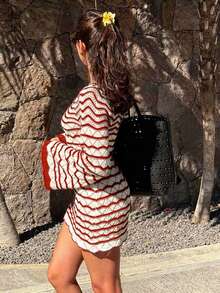 Women's Minimalist Chic Vacation Casual Fitted Bold Avant-Garde Sexy Pullover Hoodie, Spring/Summer - Brick Red and White - View 8