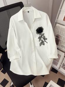 女士优雅衬衫，饰有3D玫瑰图案，适合日常通勤和情人节约会 - 白色 - 查看 1