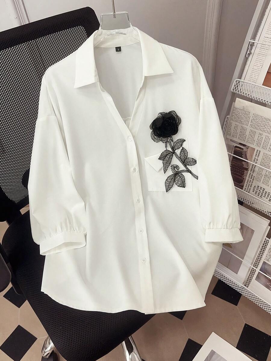 女士优雅衬衫，饰有3D玫瑰图案，适合日常通勤和情人节约会 - 白色 - 查看 1