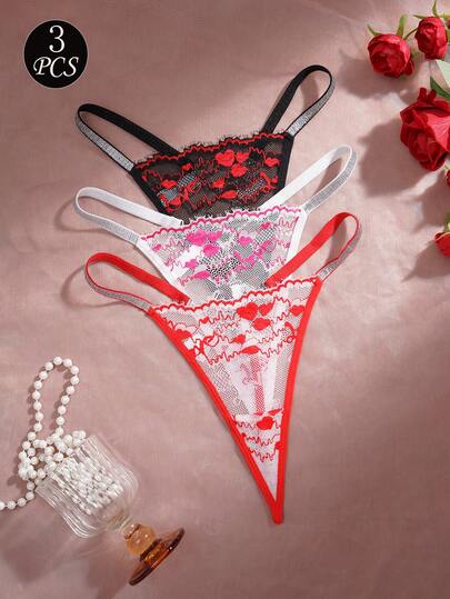 3pcs Women's Sexy Thong Panties - Soft Breathable Lace - Heart Rhinestone Decor Romantic Fashion - Ladies Underwear