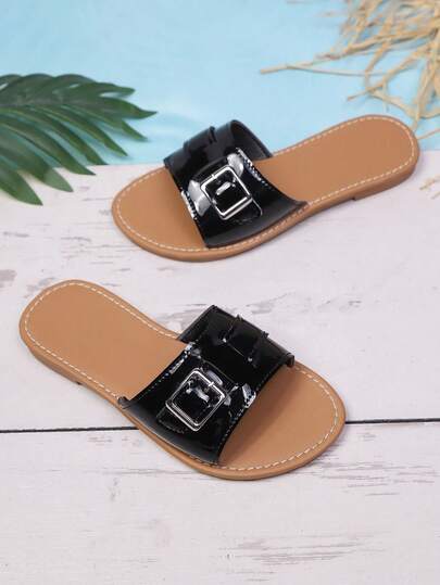 New Soft Bottom Comfortable Summer Slip-On Casual Flat Sandals For Children 14 Years Old And Below, Simple Versatile Mirror Surface Girls Beach Sandals For Outdoor, Vacation, Water Play