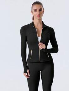 Women's Slim Fit High Stretch Activewear Jacket Zip Up Stand Collar Gold Zipper Thumb Hole Sports Top For Gym Workout And Daily Wear - 黑/金 - 查看 3