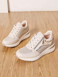 Thick Sole Platform Sneakers With Side Zipper For Easy Wear, Classic Women Sports Shoes - Beige - View 2