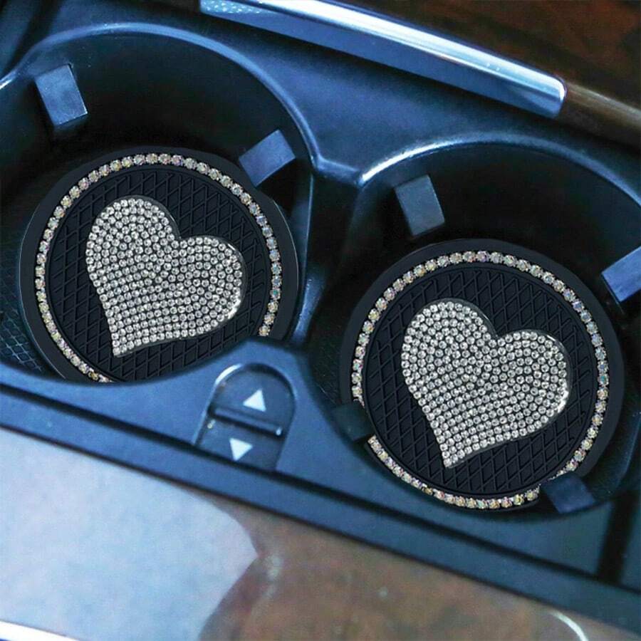 2个黑色创意水钻心形硅胶车载杯垫，圆形耐热柔软水钻车载杯垫 - 2pc愛心鑲鑽杯墊 - 查看 1