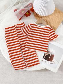 两件套女婴条纹蝴蝶结上衣和简约长裤优雅时尚套装 - 紅色 - 查看 2
