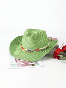 1pc Solid Color Bohemian Straw Hat, Casual, With Metal Decor Hat Band, All-Season Versatile Commuting - B - View 22