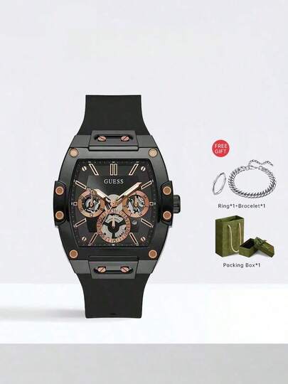  Guess 男士石英表，硅胶表带，休闲表盘，43毫米桶形表盘，50米防水，适合日常街头风格佩戴，时尚百搭，是送给男友的理想礼物，也适合日常佩戴、生日礼物、商务场合和情人节礼物。
