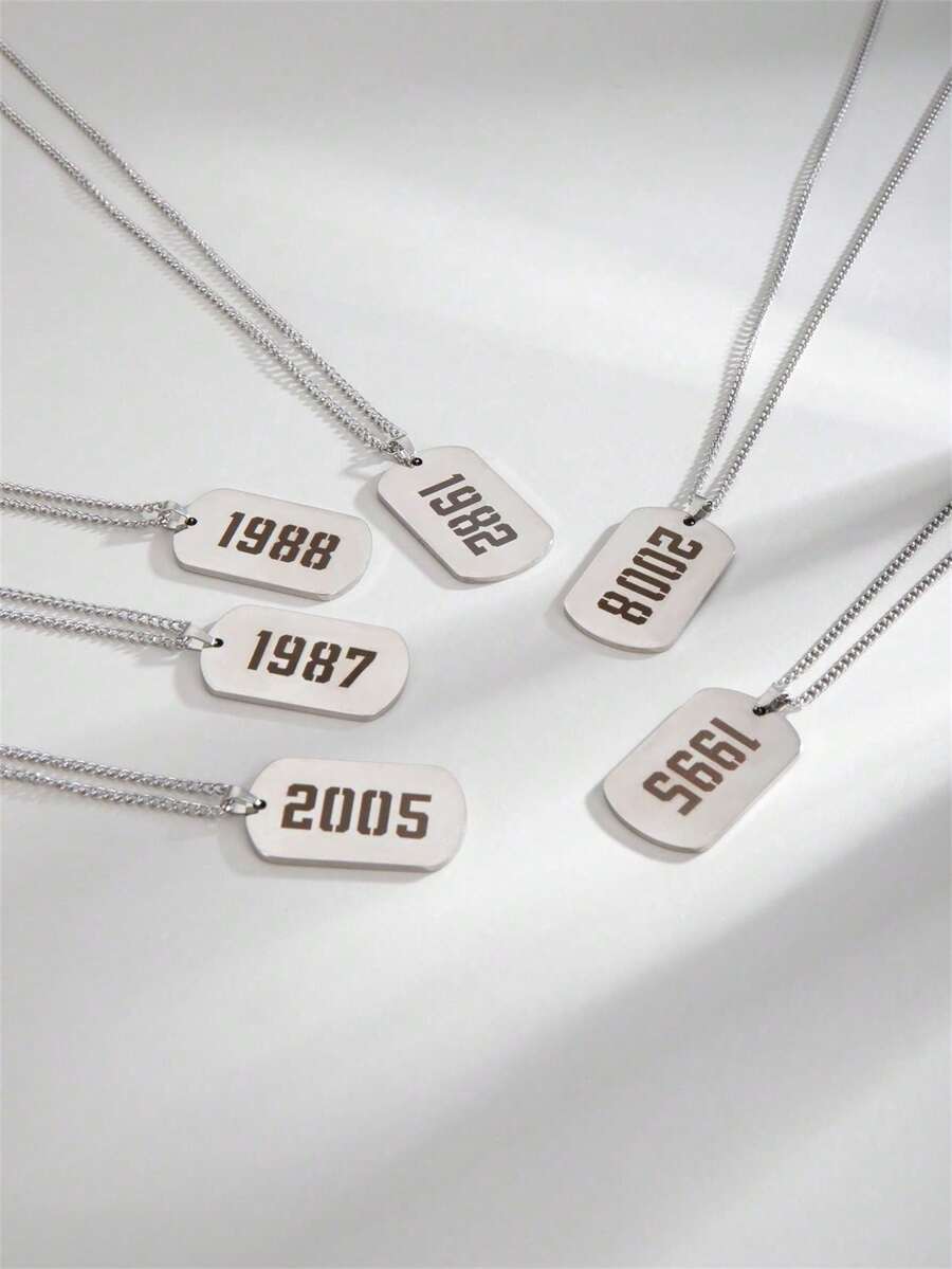 1 Pc Stainless Steel Rectangular Birth Year Digital Pendant Necklace Men's Birthday Gift - Multicolor - View 1