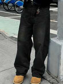 Men's Washed Straight-Leg Jeans, American Vintage Style, Loose And Versatile Wide-Leg Denim Pants, Classic Basic Jeans Suitable For All Seasons. - màu đen - Xem 1