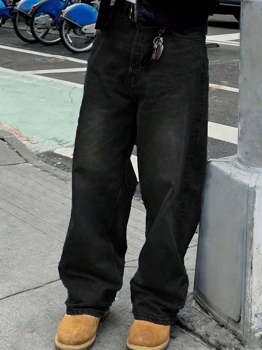 Men's Washed Straight-Leg Jeans, American Vintage Style, Loose And Versatile Wide-Leg Denim Pants, Classic Basic Jeans Suitable For All Seasons. - màu đen - Xem 1