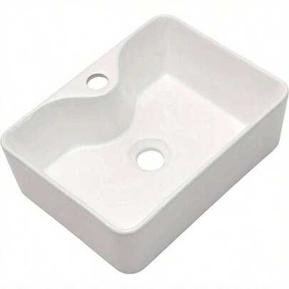 Rectangular White Ceramic Sink For Bathroom Countertop, Glossy End, Measuring 48.5 By 37.5 Cm